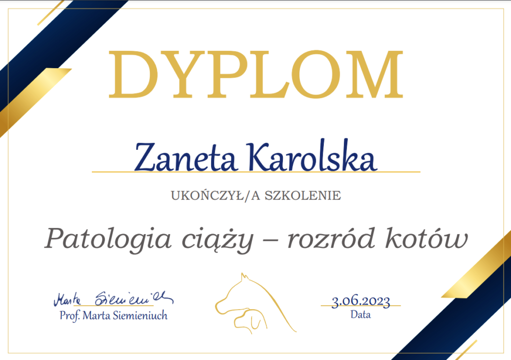 dobra hodowla kotów rasowych, dyplom ze szkolenia, logo Animalia Szkolenia